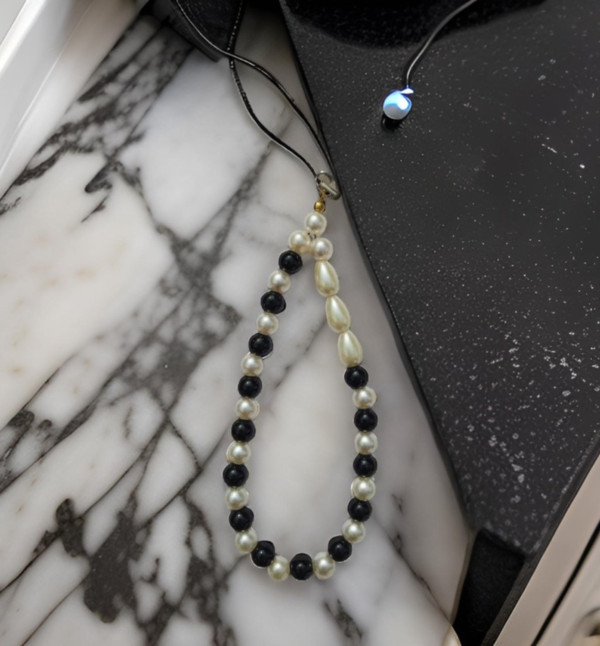 JOYENZA FASHIONS Black and White Pearl Beaded Cell Phone Charm Strap – Handmade Bracelet-Style Lanyard Wrist Strap